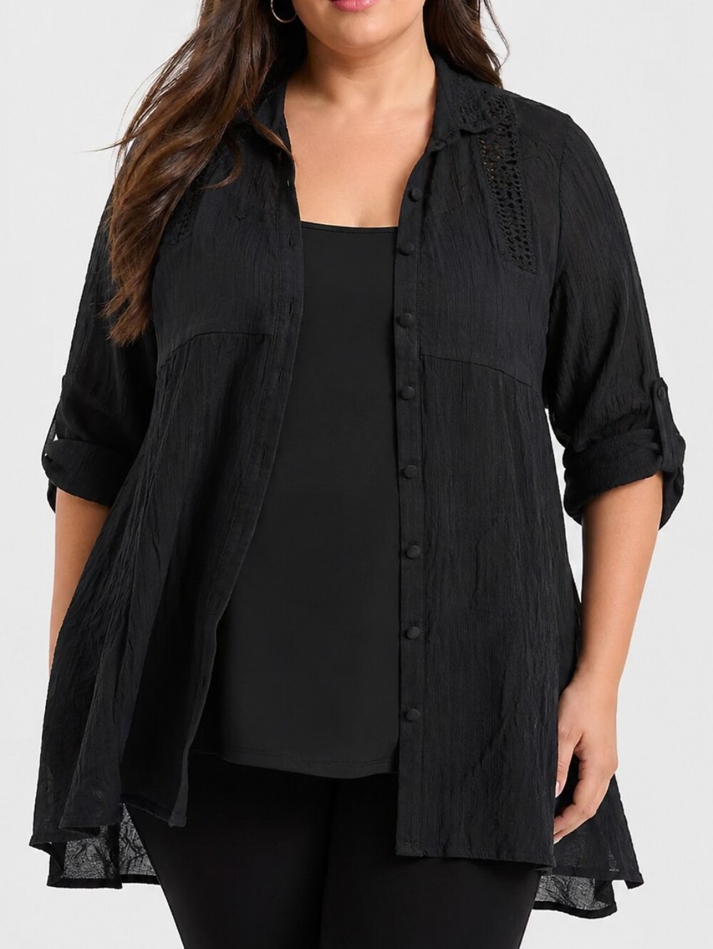 Torrid Size 2 (Fits 3X) Black Layered Tunic Blouse Boho Roll Tab Sleeves